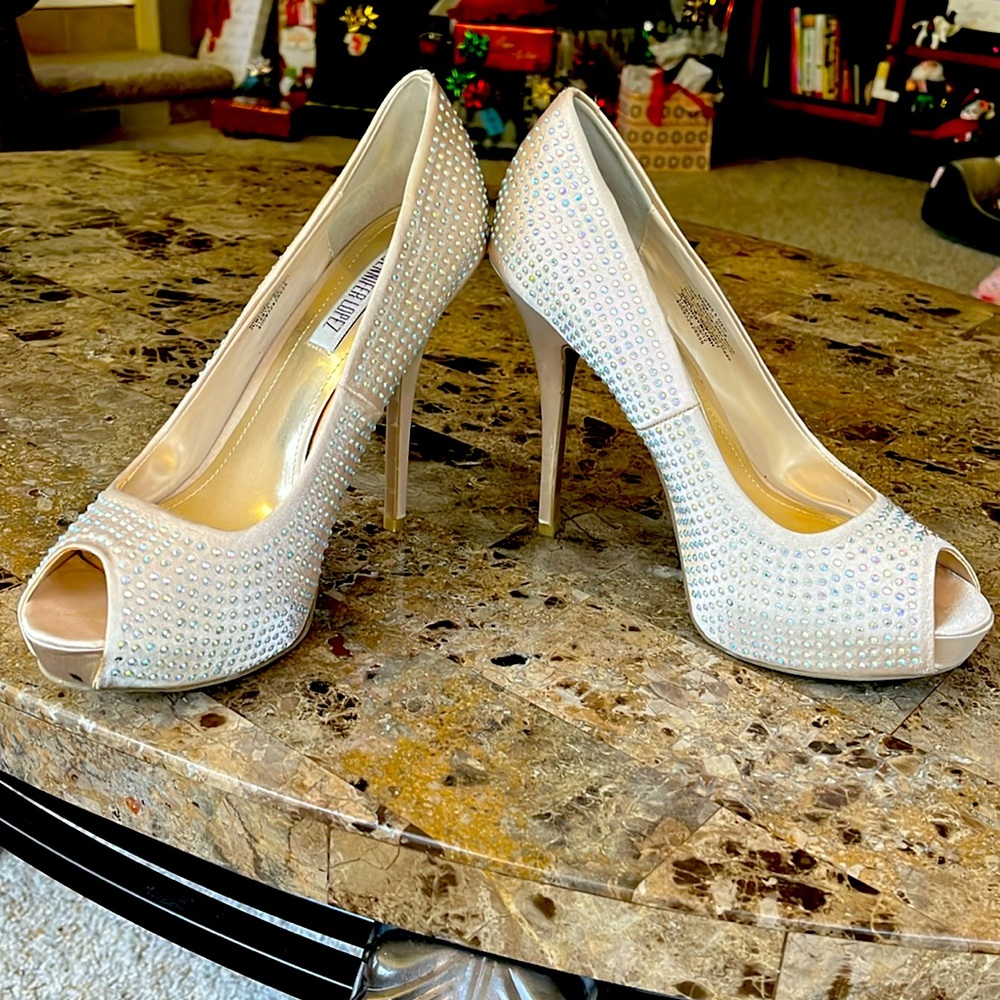 Jennifer Lopez blush rhinestone platform heels